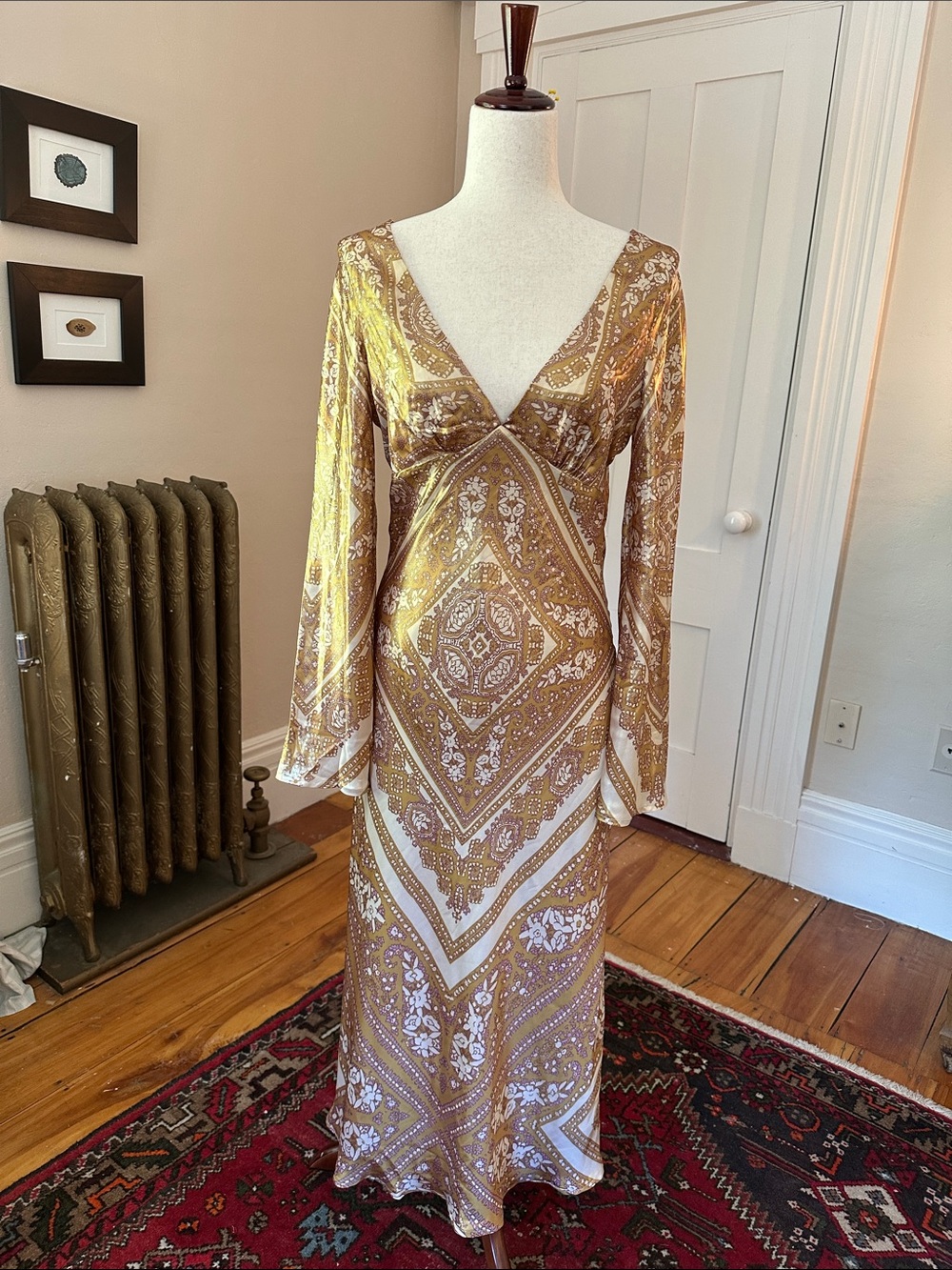 Free People Silky Metallic Gold Paisley Boho Backless Maxi Dress
